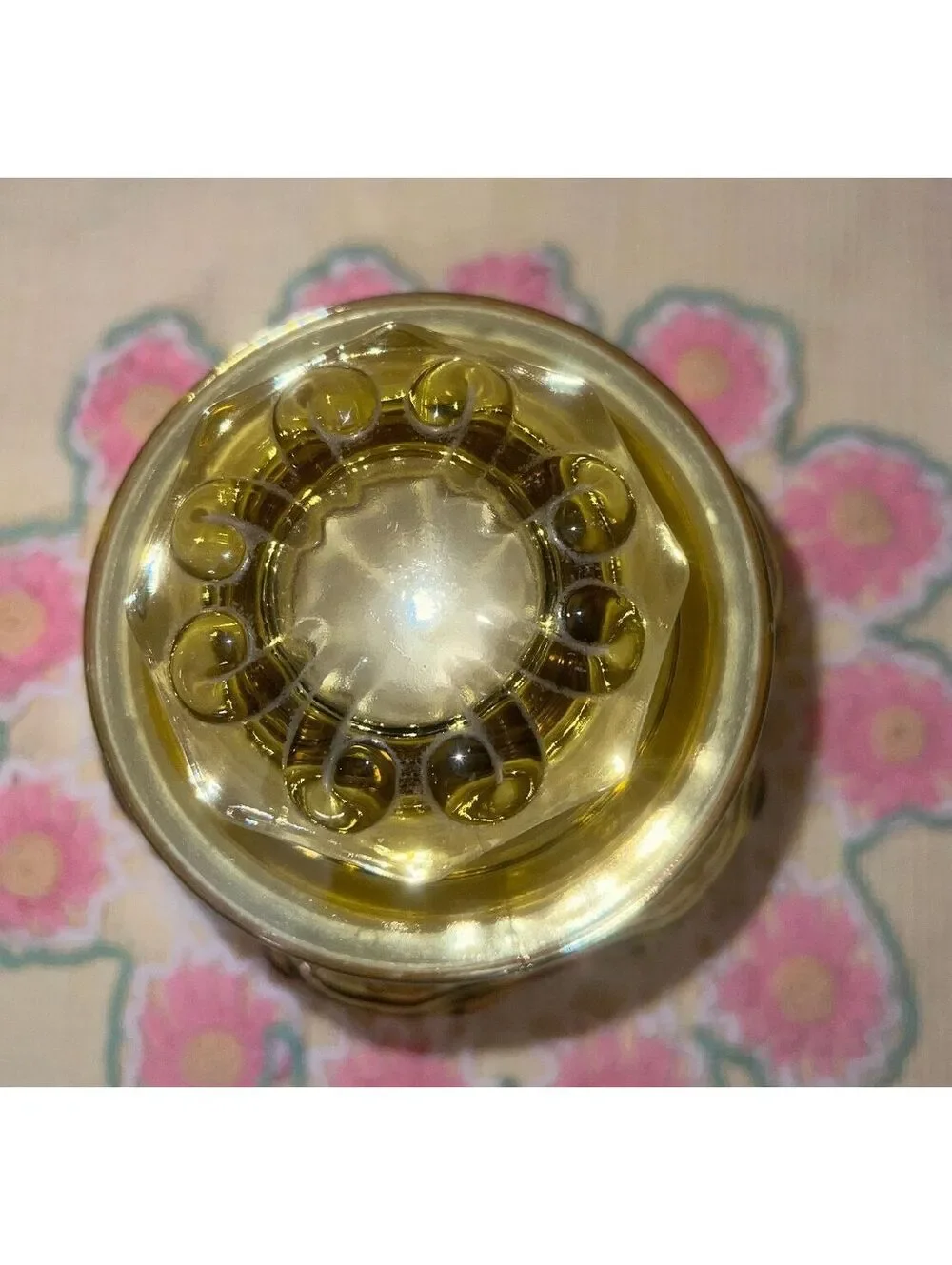 Vintage Amber Glass Cookie Jar with Decorative Pattern and Lid